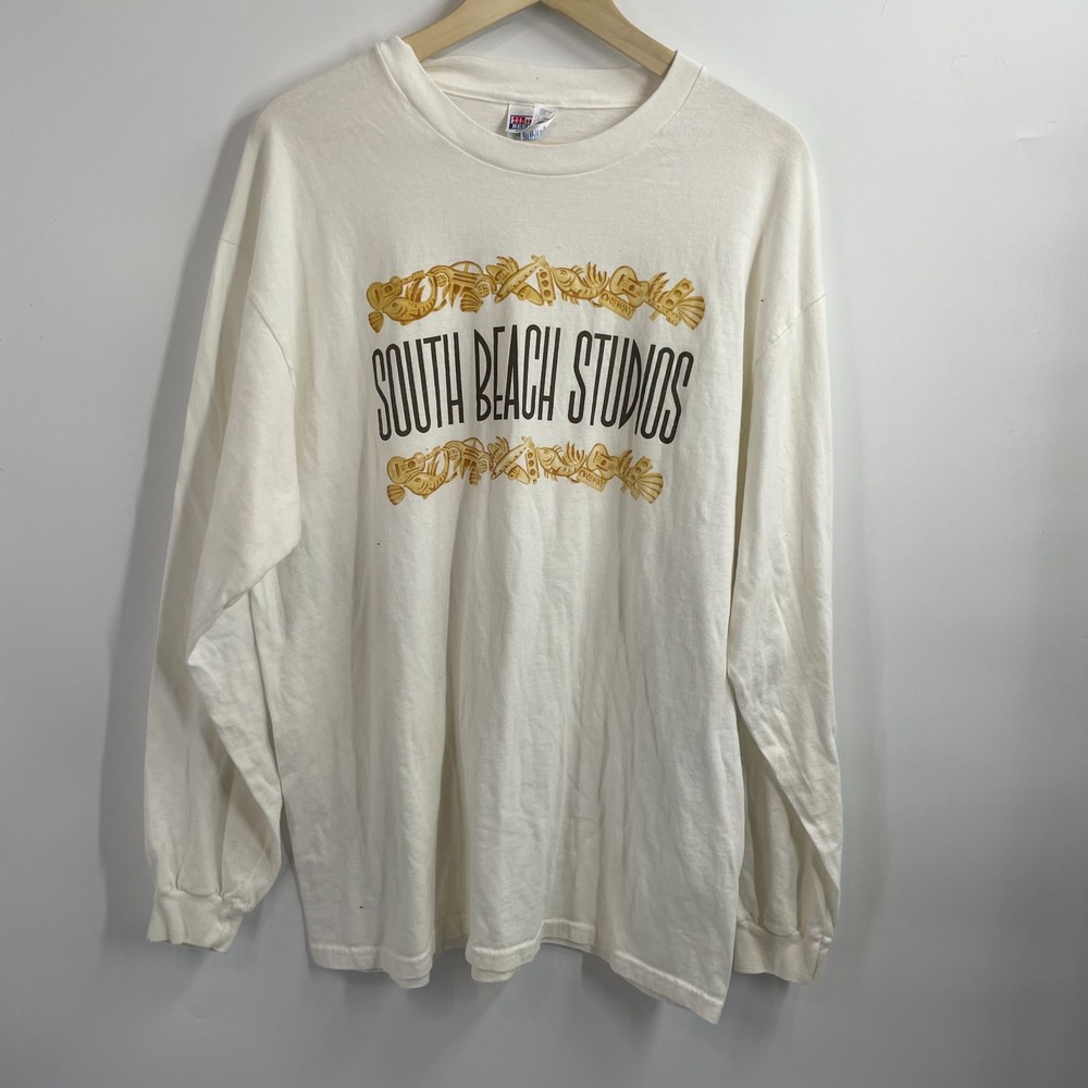Hanes Beefy-T South Beach Studios Graphic Long Sleeve T-Shirt White Mens XL